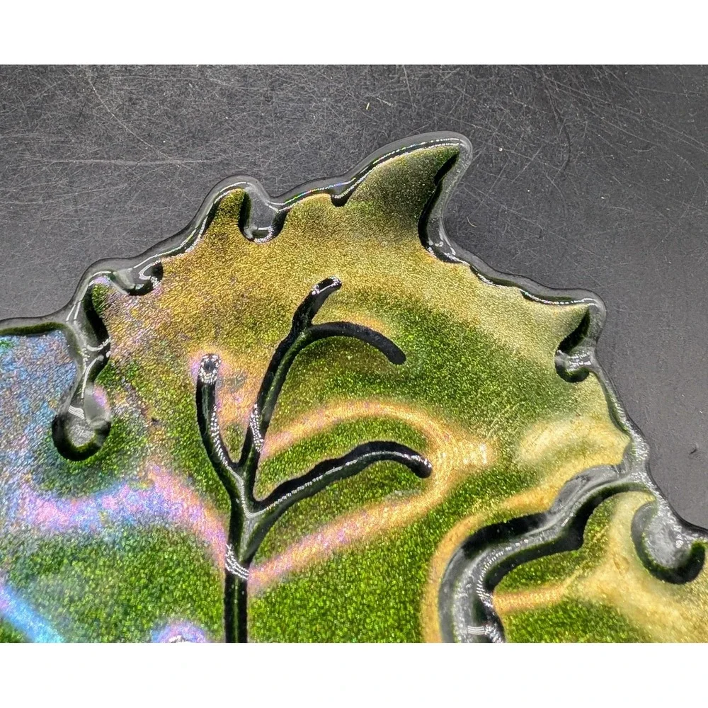 Claritas Studio Fused Art Glass Leaf Dish Iridescent Green Gold M Leeds Signed